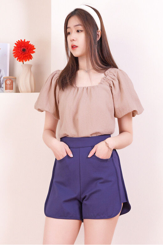 Elastic Shoulder Puff Sleeve Textured Square Neck Oversized Top (Nude Peach)
